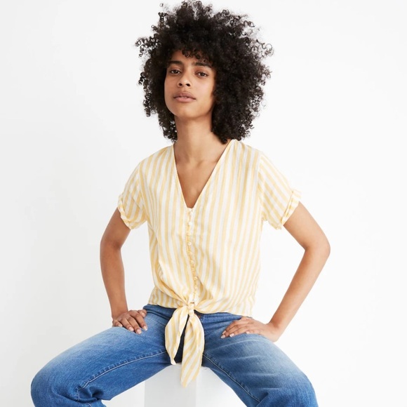 Madewell Petite Agency Tie-Front Button Top in Pompano Stripe - Picture 1 of 4